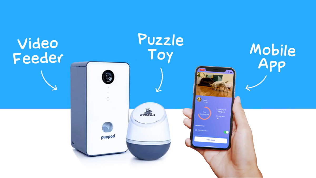 PupPod Feeder, PupPod Rocker Toy, and PupPod Mobile App